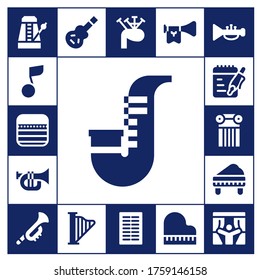 Modern Simple Set of classical Vector filled Icons. Contains such as Metronome, Musical note, Notes, Saxophone, Trumpet, Column and more Fully Editable and Pixel Perfect icons.