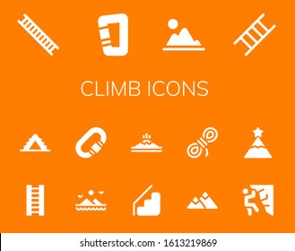 Modern Simple Set of climb Vector filled Icons. Contains such as Ladder, Carabiner, Mountain, Mountains, Stairs, Rope, Climbing and more Fully Editable and Pixel Perfect icons.