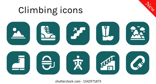 Modern Simple Set of climbing Vector filled Icons. Contains such as Mountain, Boots, Stairs, Mountains, Rope, Wingsuit, Carabiner and more Fully Editable and Pixel Perfect icons.