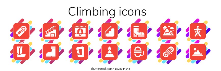 Modern Simple Set of climbing Vector filled Icons. Contains such as Sleeping bag, Boots, Stairs, Bungee jumping, Carabiner, Peak and more Fully Editable and Pixel Perfect icons.