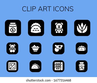 Modern Simple Set of clip art Vector filled Icons. Contains such as Jam, Teddy bear, Exposure, Tacos, Fruit bowl, Taco, Pistol and more Fully Editable and Pixel Perfect icons.
