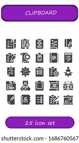 Modern Simple Set of clipboard Vector filled Icons. Contains such as Tasks, Clipboard, Medical report, Planning, Agenda, Notepad and more Fully Editable and Pixel Perfect icons.