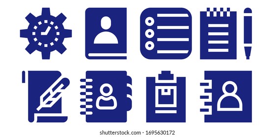 Moderne, einfache Zusammenstellung von Vektorillustrationen mit Zwischenablage, die Symbole erfüllte. Enthält z. B. Papier-, Management-, Agenda-, Notepad-, Reminder- und mehr vollständig bearbeitbare und Pixel perfekte Symbole.