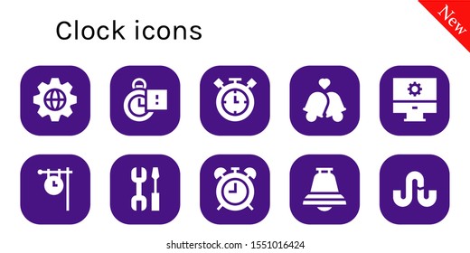 Modern Simple Set of clock Vector filled Icons. Contains such as Settings, Stopclock, Timer, Bells, Clock, Alarma clock, Bell and more Fully Editable and Pixel Perfect icons.