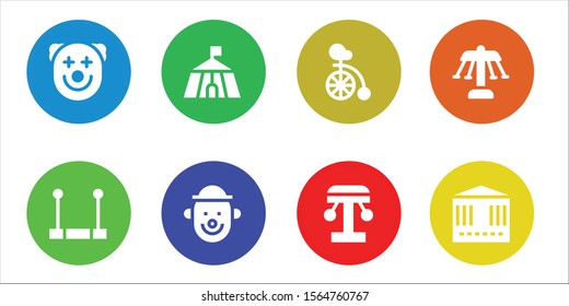 Modern Simple Set of clown Vector filled Icons. Contains such as Clown, Trapeze, Circus, Unicycle, Amusement park, Carousel and more Fully Editable and Pixel Perfect icons.