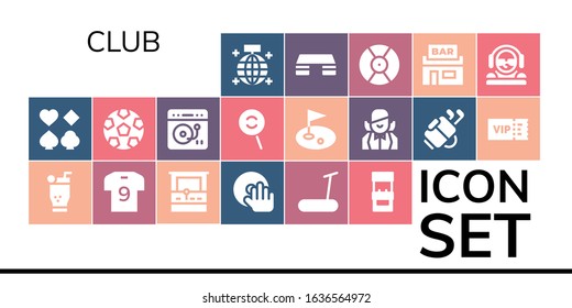 Modern Simple Set of club Vector filled Icons. Contains such as Mirror ball, Poker, Mojito, Soccer jersey, Arcade machine, DJ and more Fully Editable and Pixel Perfect icons.