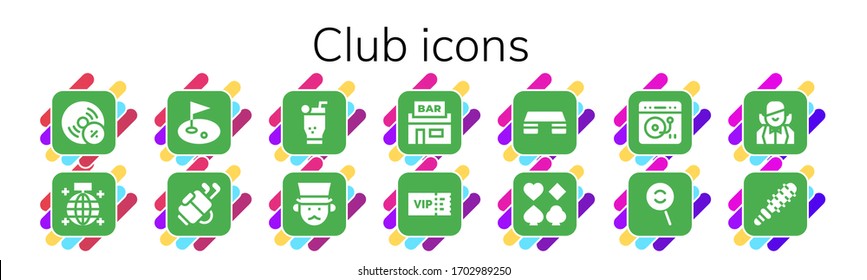 Modern Simple Set of club Vector filled Icons. Contains such as Vynil, Mirror ball, Golf, Mojito, Gentleman, Pub, Vip, Fitness step and more Fully Editable and Pixel Perfect icons.