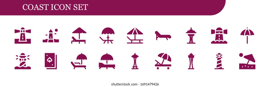 Modern Simple Set of coast Vector filled Icons. Contains such as Lighthouse, Sunbed, Deck, Deck chair, Beach umbrella and more Fully Editable and Pixel Perfect icons.