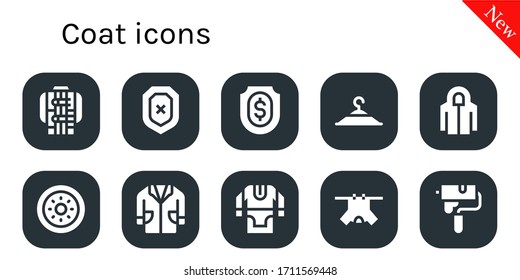 Modern Simple Set of coat Vector filled Icons. Contains such as Jacket, Shield, Clothing hanger, Hoodie, Lab coat, Tunic, Clothes and more Fully Editable and Pixel Perfect icons.