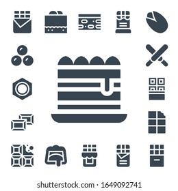 Modern Simple Set of cocoa Vector filled Icons. Contains such as Chocolate bar, Chocolates, Nut, Tiramisu, Chocolate, Chocolate fudge and more Fully Editable and Pixel Perfect icons.