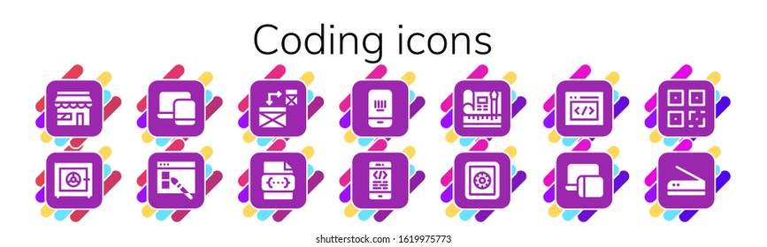 Modern Simple Set of coding Vector filled Icons. Contains such as Market, Safe box, Responsive, Web design, Css, Barcode, Coding and more Fully Editable and Pixel Perfect icons.