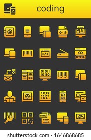 Modern Simple Set of coding Vector filled Icons. Contains such as Safe box, Responsive, Barcode, Css, Web design, Html, Scan, Cms and more Fully Editable and Pixel Perfect icons.