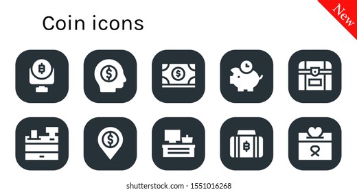 Modern Simple Set of coin Vector filled Icons. Contains such as Bitcoin, Money, Piggybank, Chest, Cash register, Bank, Donation and more Fully Editable and Pixel Perfect icons.