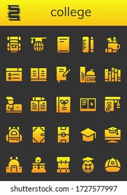 Modern Simple Set of college Vector filled Icons. Contains such as Backpack, Books, Learning, Book, School, Pencil case, Student and more Fully Editable and Pixel Perfect icons.