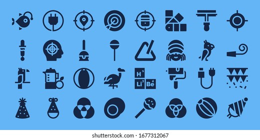 Modern Simple Set of colorful Vector filled Icons. Contains such as Anglerfish, Color picker, Parrot, Party hat, Plug, Target and more Fully Editable and Pixel Perfect icons.