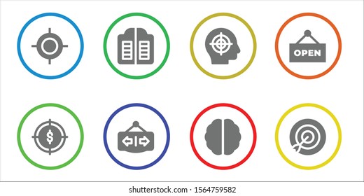 Modern Simple Set of conceptual Vector filled Icons. Contains such as Target, Doors, Open, Brain and more Fully Editable and Pixel Perfect icons.