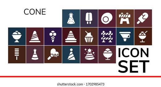 Modern Simple Set of cone Vector filled Icons. Contains such as Party hat, Ice cream, Popsicle, Cone, Barrier, Funnel, Gummy and more Fully Editable and Pixel Perfect icons.