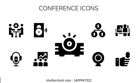 Modern Simple Set of conference Vector filled Icons. Contains such as Projector, Training, Speaker, Voice recorder, Meeting, Interview and more Fully Editable and Pixel Perfect icons.