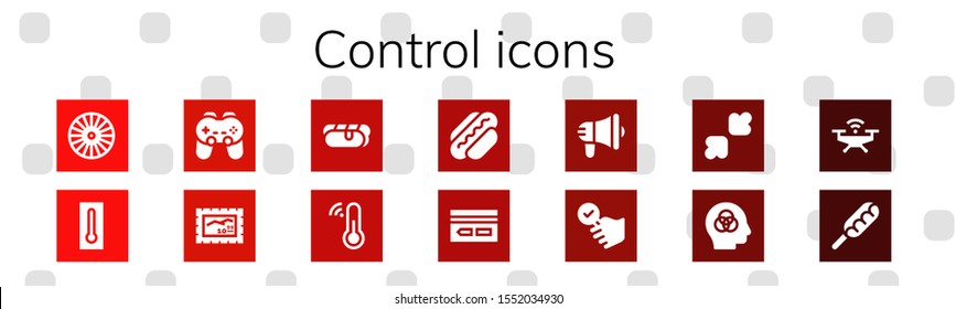 Modern Simple Set of control Vector filled Icons. Contains such as Wheel, Thermometer, Gamepad, Stamp, Hot dog, Key card, Megaphone and more Fully Editable and Pixel Perfect icons.