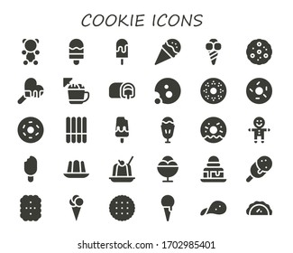Modern Simple Set of cookie Vector filled Icons. Contains such as Gummy bear, Ice cream, Cookie, Snack cake, Doughnut, Sundae and more Fully Editable and Pixel Perfect icons.