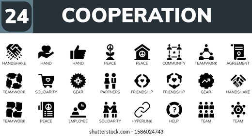 Modern Simple Set of cooperation Vector filled Icons. Contains such as Handshake, Hand, Peace, Community, Teamwork, Agreement and more Fully Editable and Pixel Perfect icons.