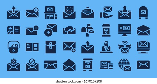 Modern Simple Set of correspondence Vector filled Icons. Contains such as Mail, Postcard, Postman, Email, Post office, Sent, Invitation and more Fully Editable and Pixel Perfect icons.