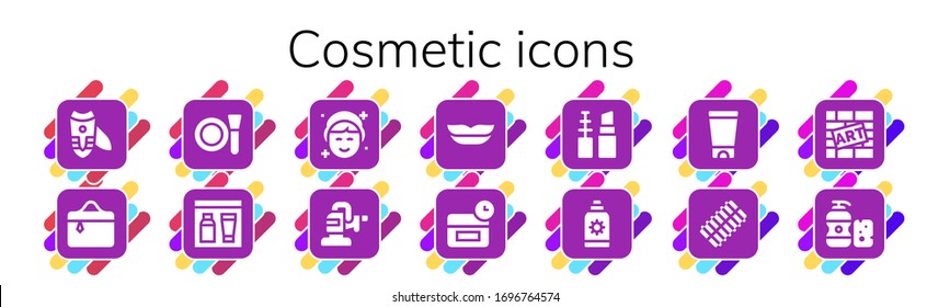 Modern Simple Set of cosmetic Vector filled Icons. Contains such as Nail clippers, Cosmetics, Make up, Gel, Makeup, Polisher, Lips and more Fully Editable and Pixel Perfect icons.