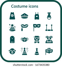 Modern Simple Set of costume Vector filled Icons. Contains such as Superhero, Police hat, Overall, Party hat, Eye mask, Mask, Trapeze and more Fully Editable and Pixel Perfect icons.