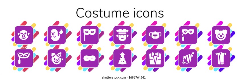 Modern Simple Set of costume Vector filled Icons. Contains such as Clown, Eye mask, Ghost, Mask, Joker, Party hat, Suit, Kimono and more Fully Editable and Pixel Perfect icons.