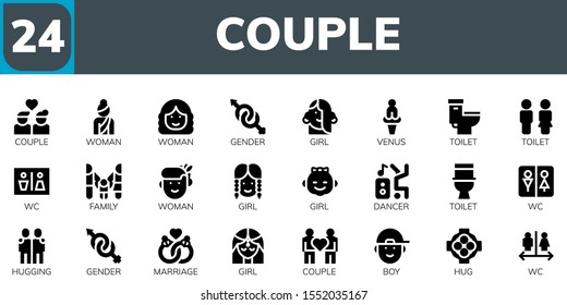 Modern Simple Set of couple Vector filled Icons. Contains such as Couple, Woman, Gender, Girl, Venus, Toilet, Wc, Family, Dancer and more Fully Editable and Pixel Perfect icons.