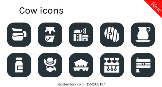 Modern Simple Set of cow Vector filled Icons. Contains such as Jug, Milk, Farm, Steak, Cowboy, Wagon, Farming, India and more Fully Editable and Pixel Perfect icons.