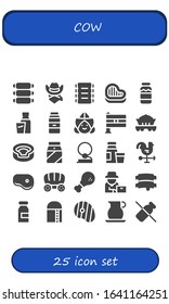 Modern Simple Set of cow Vector filled Icons. Contains such as Ribs, Cowboy, Steak, Milk, Dutch, India, Wagon, Animal, Diary product and more Fully Editable and Pixel Perfect icons.