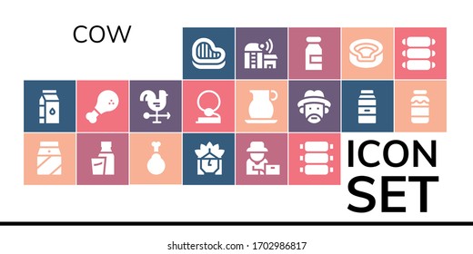 Modern Simple Set of cow Vector filled Icons. Contains such as Steak, Milk, Chicken, Indian, Farmer, Ribs, Cock, Cowboy, Jug, Farm and more Fully Editable and Pixel Perfect icons.