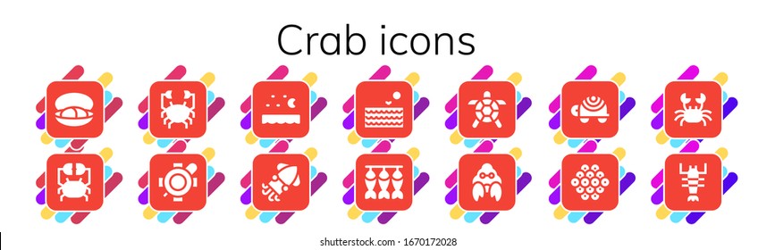 Modern Simple Set of crab Vector filled Icons. Contains such as Mussel, Crab, Turtle, Sea, Squid, Dried fish, Hermit crab, Caviar and more Fully Editable and Pixel Perfect icons.