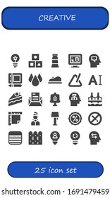 Modern Simple Set of creative Vector filled Icons. Contains such as Idea, Cubes, Paint, 3d print, Mind, Graphic tablet, Drop, Beret and more Fully Editable and Pixel Perfect icons.