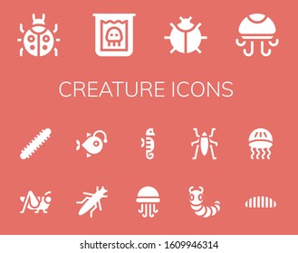 Modern Simple Set of creature Vector filled Icons. Contains such as Ladybug, Creature, Jellyfish, Grasshopper, Centipede, Anglerfish and more Fully Editable and Pixel Perfect icons.