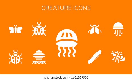 Modern Simple Set of creature Vector filled Icons. Contains such as Jellyfish, Ancient aliens, Ladybug, Moth, Ant, Centipede and more Fully Editable and Pixel Perfect icons.