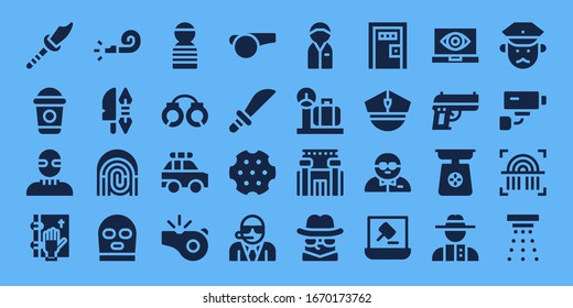 Modern Simple Set of crime Vector filled Icons. Contains such as Weapon, Frappe, Burglar, Oath, Whistle, Fingerprint, Balaclava and more Fully Editable and Pixel Perfect icons.