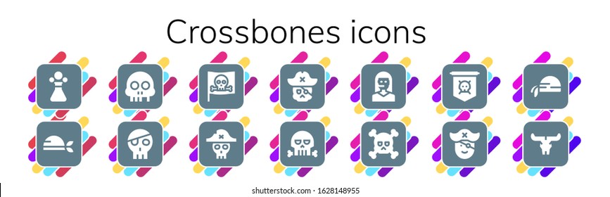 Modern Simple Set of crossbones Vector filled Icons. Contains such as Poison, Pirate, Skull, Teleoperator, Jolly roger, Pirate scarf and more Fully Editable and Pixel Perfect icons.