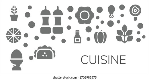Modern Simple Set of cuisine Vector filled Icons. Contains such as Pot, Salt, Pizza, Sauce, Egg, Pepper, Fried egg, Taco, Chicken leg and more Fully Editable and Pixel Perfect icons.