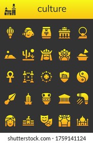 Modern Simple Set of culture Vector filled Icons. Contains such as Lantern, Stockholm, Portuguese, Tea bag, Brandenburg gate, Cowboy and more Fully Editable and Pixel Perfect icons.