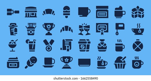 Modern Simple Set of cup Vector filled Icons. Contains such as Competition, Coffee cup, Ice cream, Cream, Restaurant, Noodles and more Fully Editable and Pixel Perfect icons.