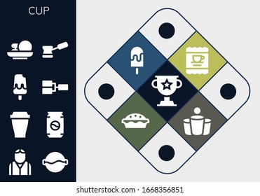 Modern Simple Set of cup Vector filled Icons. Contains such as Trophy, Bartender, Soup, Cup, Can, Ice cream, Competition, Cakes and more Fully Editable and Pixel Perfect icons.