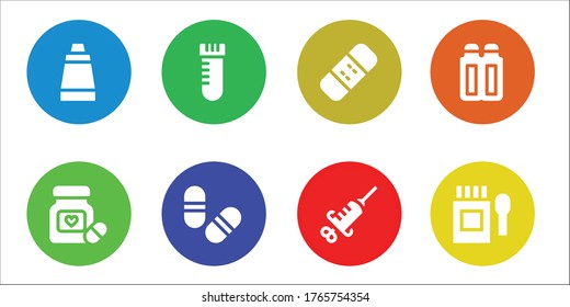 Modern Simple Set of cure Vector filled Icons. Contains such as Ointment, Pills, Vial, Bandage, Syringe, Suppositories, Medicine and more Fully Editable and Pixel Perfect icons.