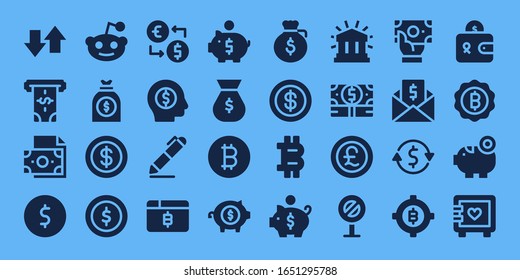 Modern Simple Set of currency Vector filled Icons. Contains such as Transfer, Atm, Money, Coin, Reddit, Money bag, Money exchange and more Fully Editable and Pixel Perfect icons.