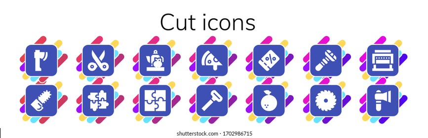 Modern Simple Set of cut Vector filled Icons. Contains such as Axe, Chainsaw, Scissors, Puzzle, Teapot, Pizza, Razor, Coupon, Orange and more Fully Editable and Pixel Perfect icons.