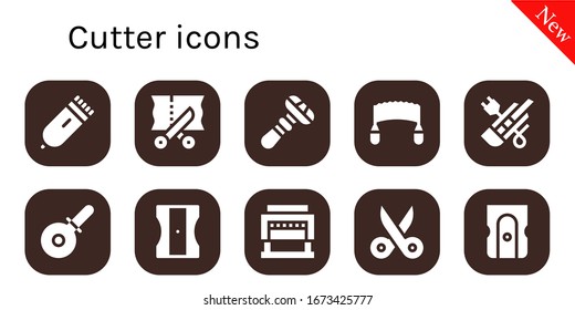 Modern Simple Set of cutter Vector filled Icons. Contains such as Electric razor, Scissors, Razor, Saw, Cutter, Pizza cutter, Sharpener and more Fully Editable and Pixel Perfect icons.