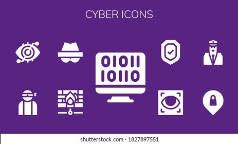 Modern Simple Set of cyber Vector filled Icons. Contains such as Binary code, Firewall, Hacker, Eye scan, Privacy, Security and more Fully Editable and Pixel Perfect icons.