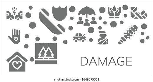 Modern Simple Set of damage Vector filled Icons. Contains such as Accident, Insurance, Damage, Flood, Mace, Plastered arm and more Fully Editable and Pixel Perfect icons.