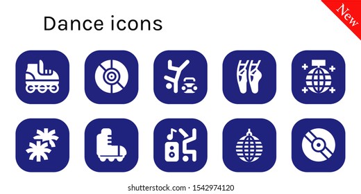 Modern Simple Set of dance Vector filled Icons. Contains such as Roller skate, Vinyl, Hip hop, Ballet, Mirror ball, Pom pom, Dancer and more Fully Editable and Pixel Perfect icons.